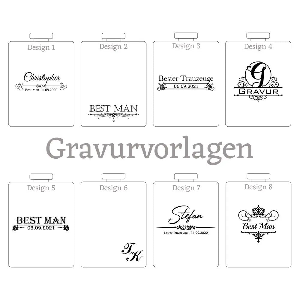 Flachmann mit Gravur, 150 ml inkl. Geschenkbox, 4 Becher und Trichter HOLZZEUG