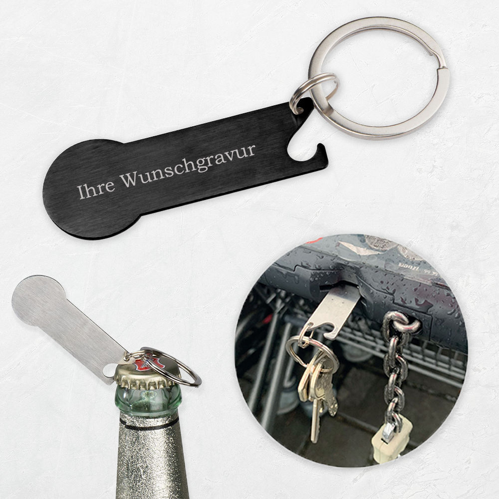 Schlüsselanhänger mit Gravur und integriertem Flaschenöffner / Einkaufschip