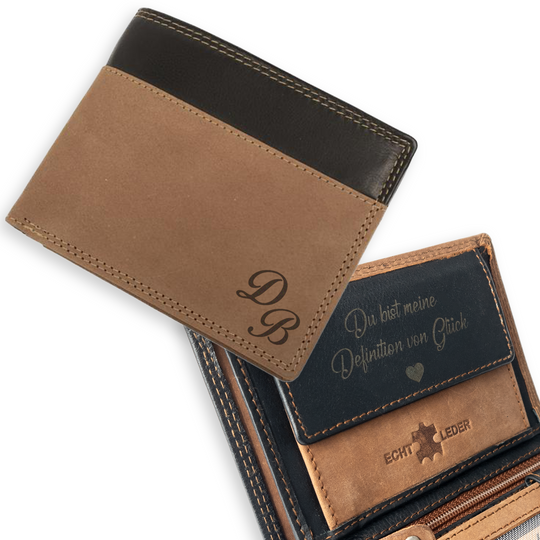 Gravierte Echtleder Geldbörse zweifarbig mit RFID-Schutz