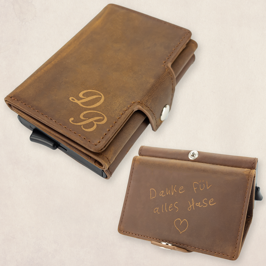 Geldbörse mit Gravur und integriertem Cardholder aus echtem Wildleder