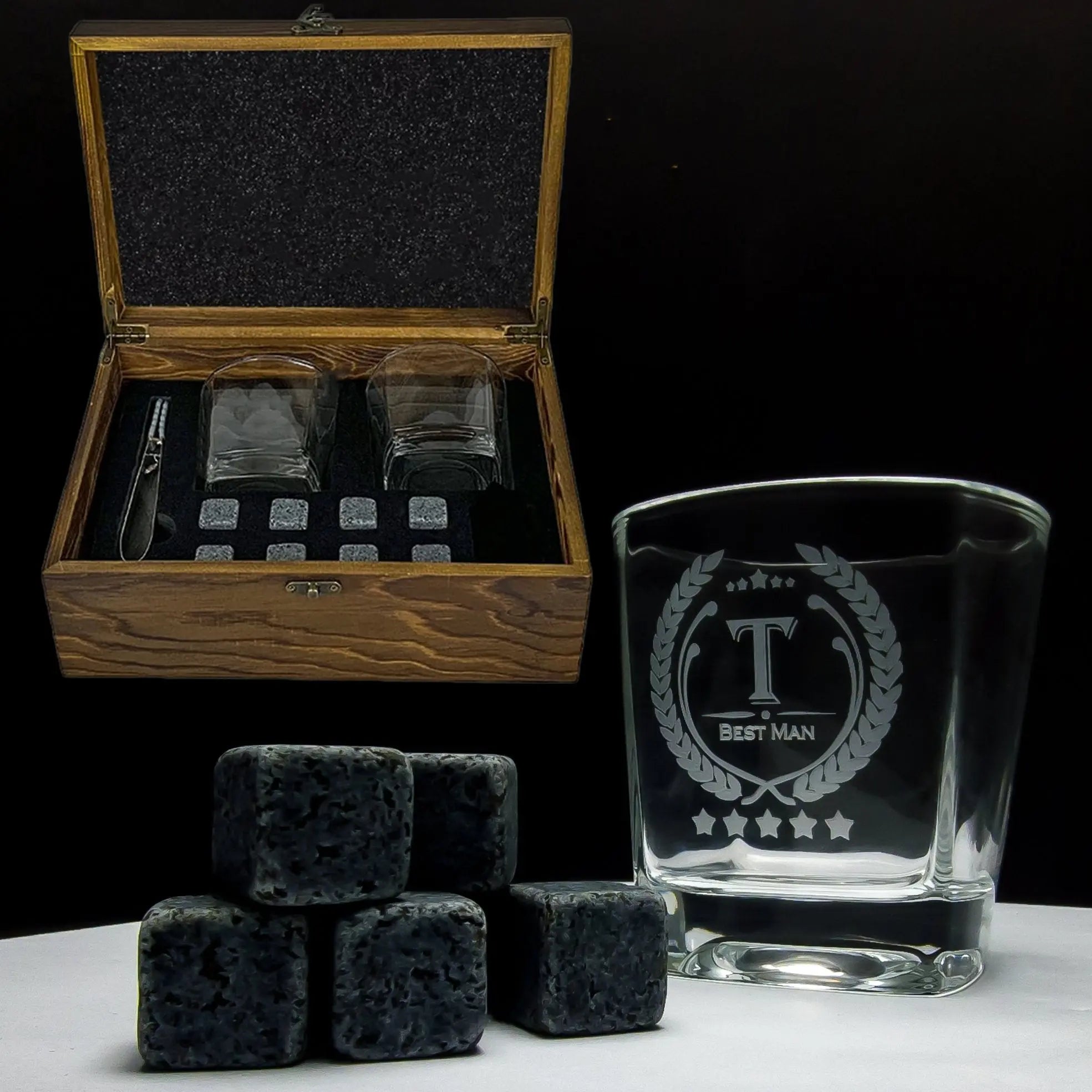 Whiskeyglas Set in der Holzgeschenkbox inkl. Whiskey-Steine