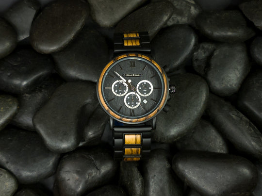 Armbanduhr "BlackEbony" - Zebrano / Ebenholz Kombination - HOLZZEUG