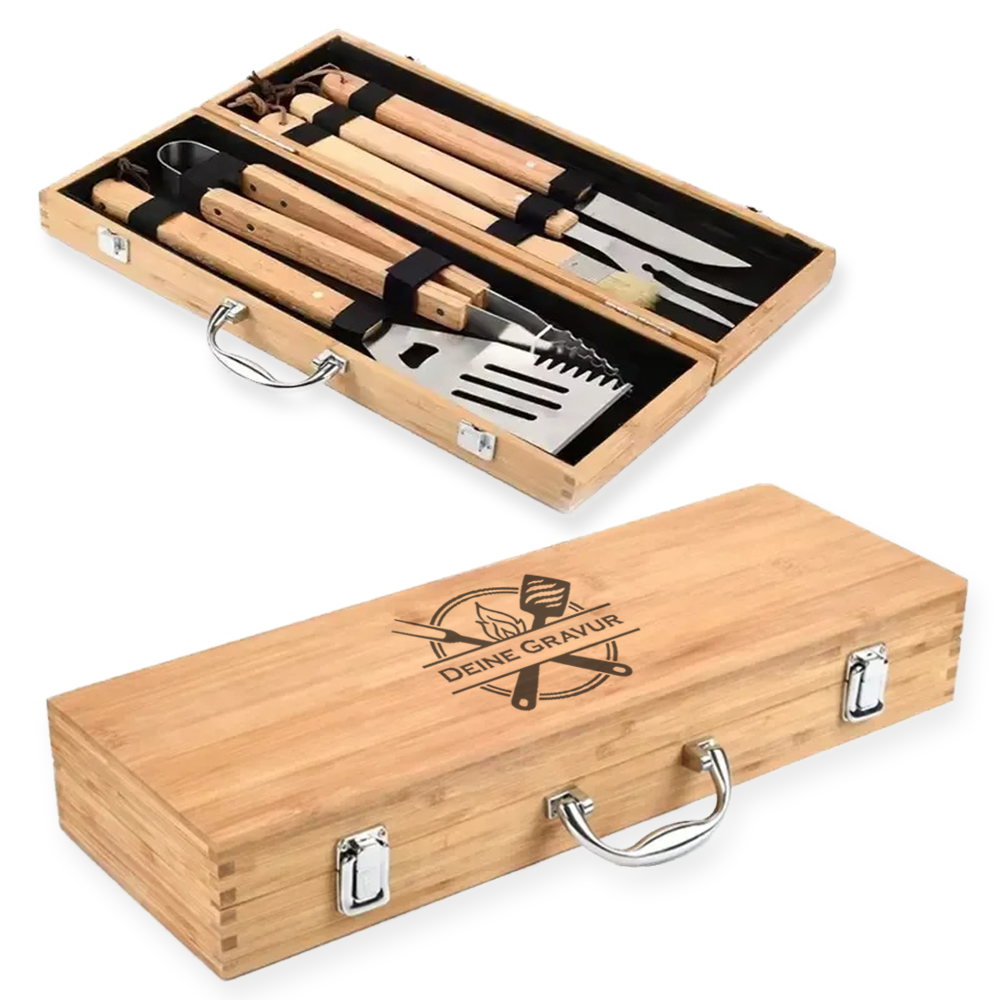 Personalisiertes Grillbesteck aus Edelstahl und Bambusholz in einem Koffer aus Echtholz