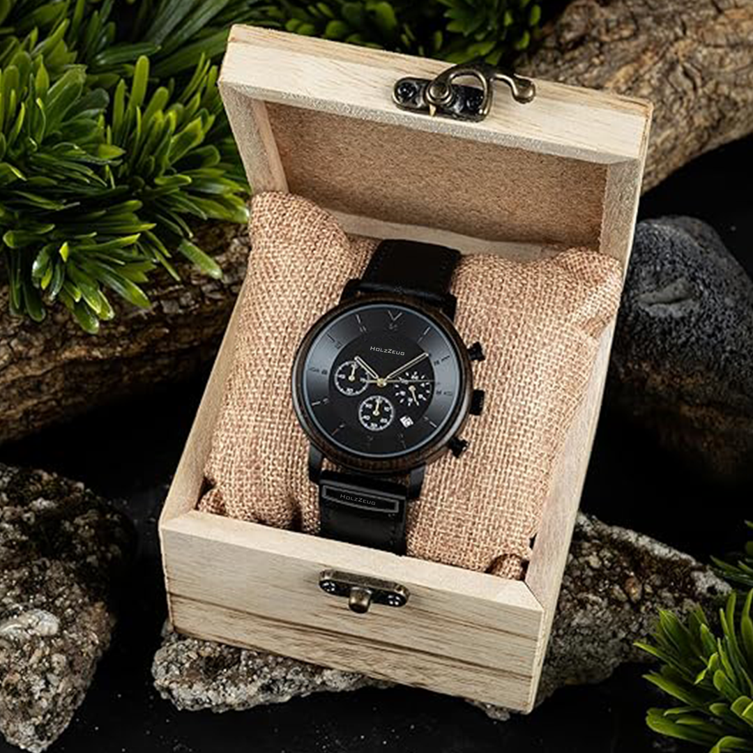 Personalisierte Herrenuhr "Aurelius" - Echtholz-Edelstahl-Gehäuse mit Lederarmband