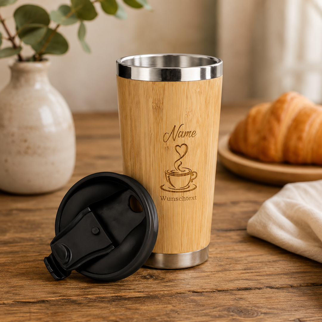 Personalisierter Coffee-To-Go Becher aus Bambus - 450 ml