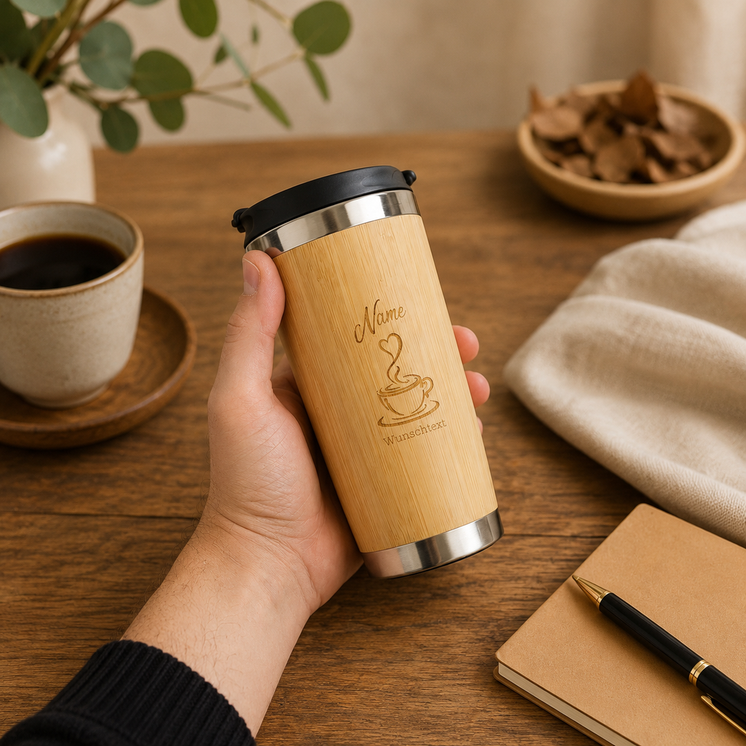 Personalisierter Coffee-To-Go Becher aus Bambus - 450 ml