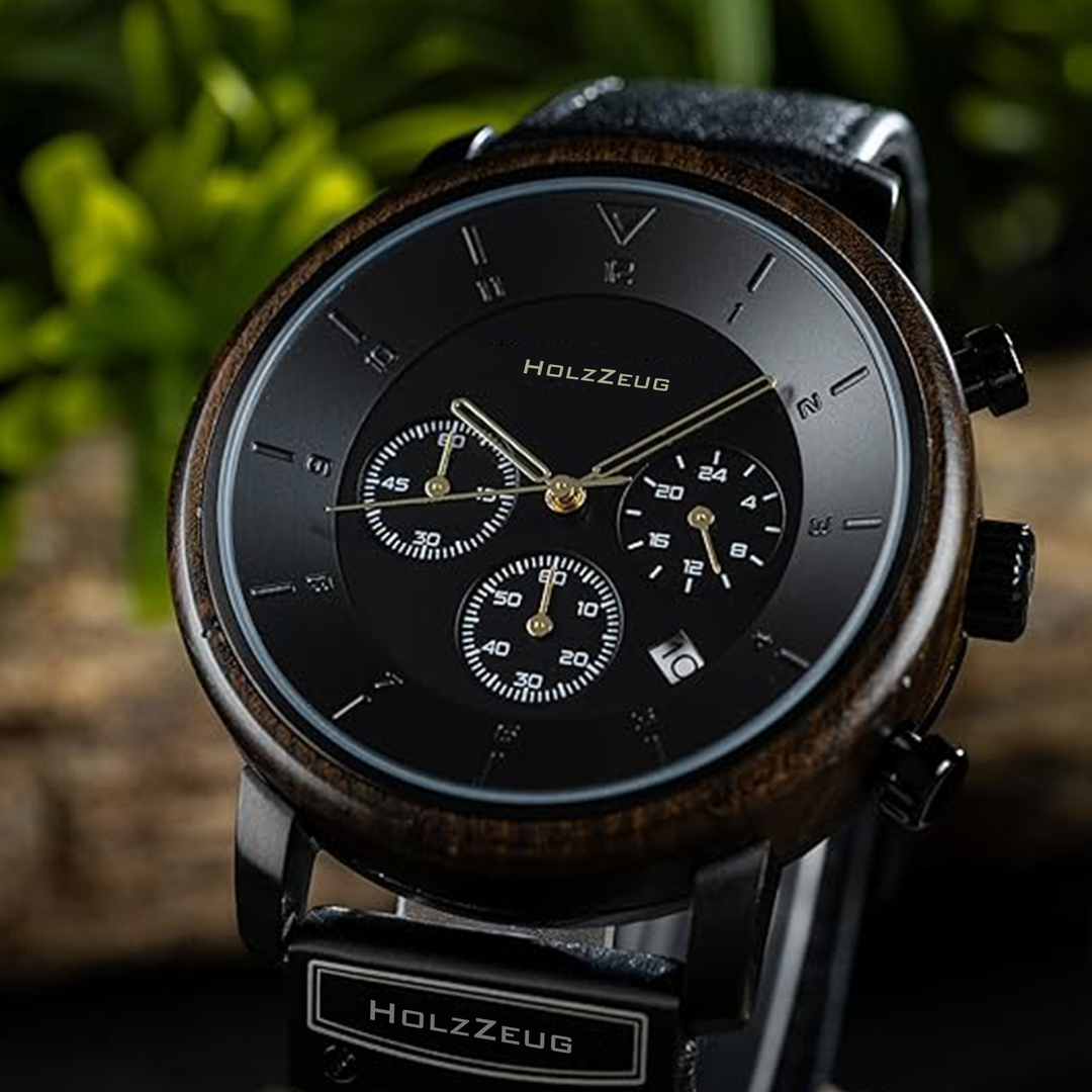 Personalisierte Herrenuhr "Aurelius" - Echtholz-Edelstahl-Gehäuse mit Lederarmband