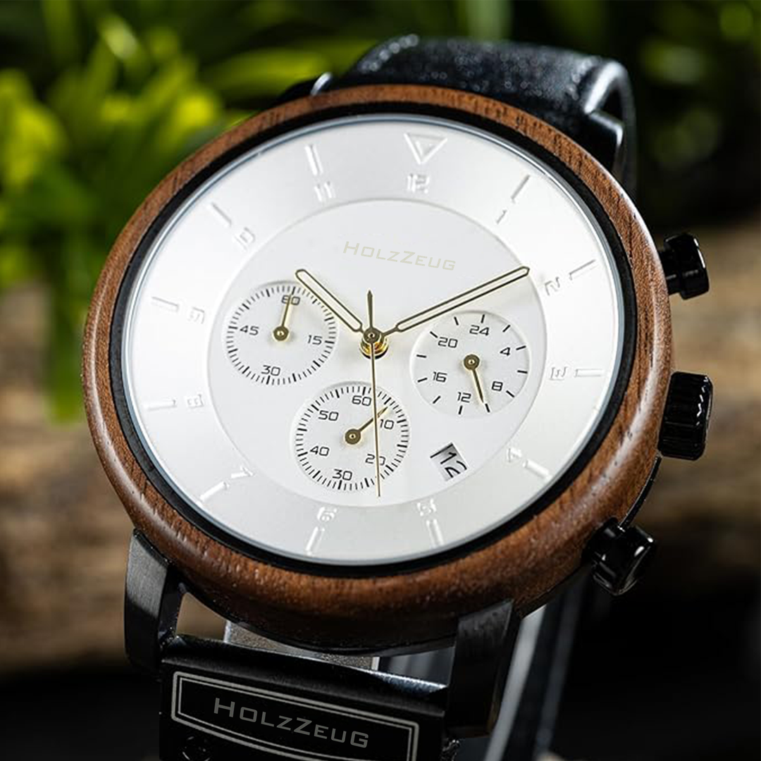 Personalisierte Herrenuhr "Aurelius" - Echtholz-Edelstahl-Gehäuse mit Lederarmband