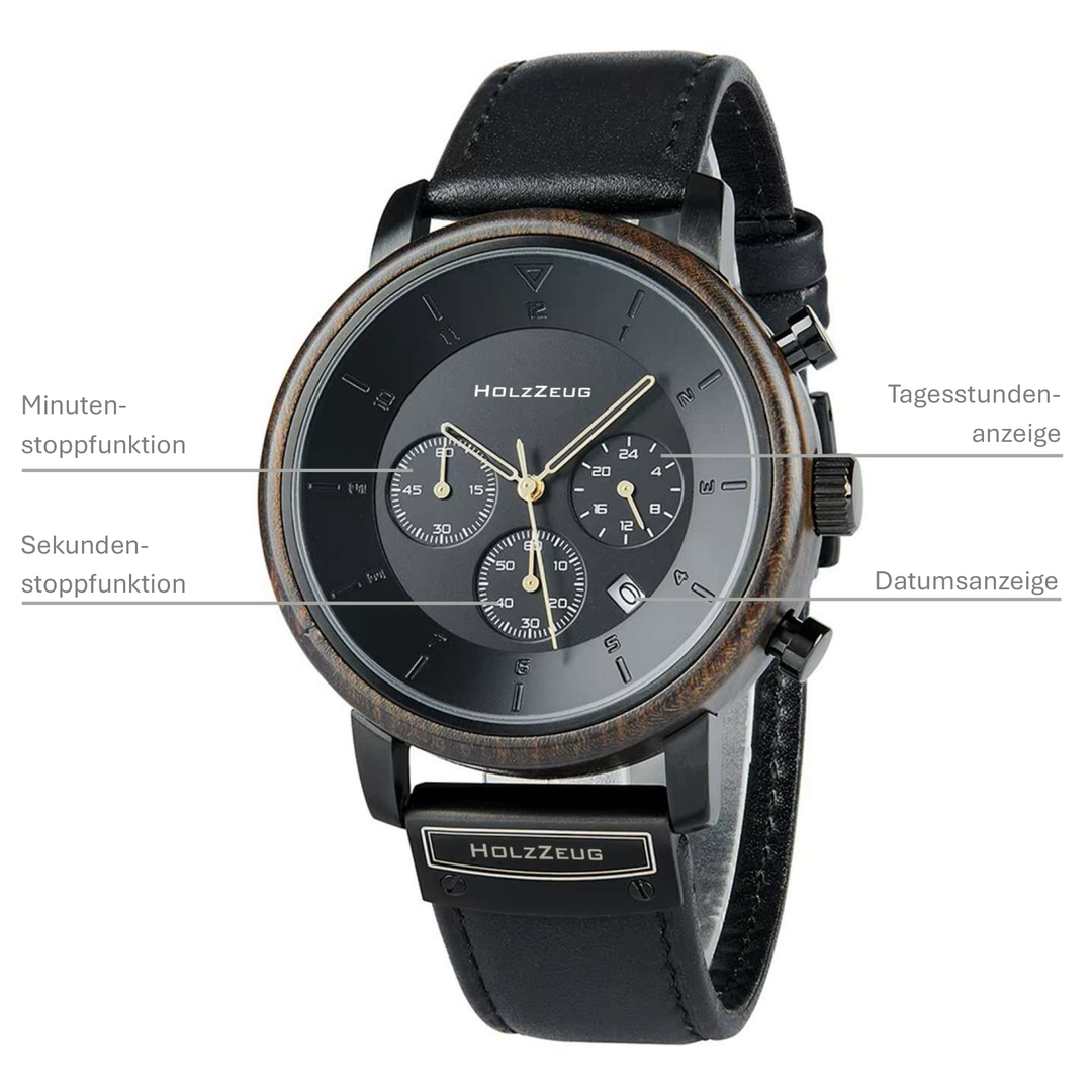 Personalisierte Herrenuhr "Aurelius" - Echtholz-Edelstahl-Gehäuse mit Lederarmband