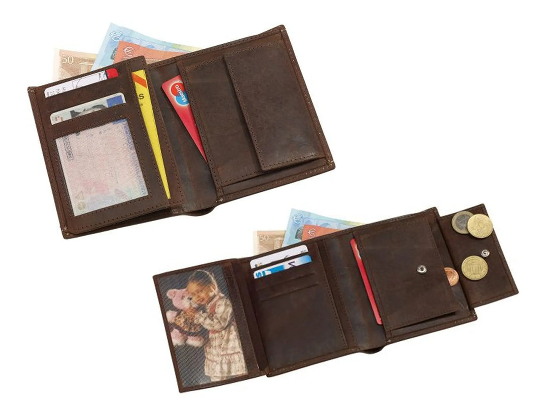 Echtleder Geldbörse mit Ziernähten in Braun - Hochformat HOLZZEUG
