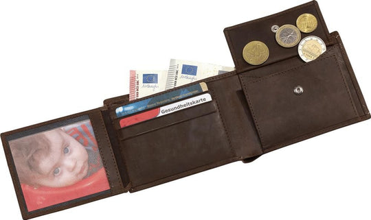 Echtleder Geldbörse mit Ziernähten in Braun - Querformat - HOLZZEUG