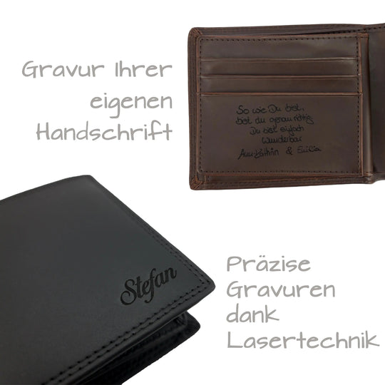 Personalisierbare Leder-Geldbörse mit Innenklappe aus Glattleder mit Gravur und RFID-Schutz Schwarz oder Braun HOLZZEUG