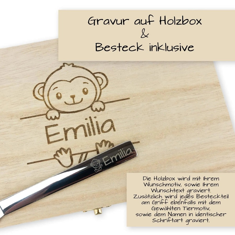 Personalisiertes Kinderbesteck mit Gravur in Geschenkbox aus Holz HOLZZEUG