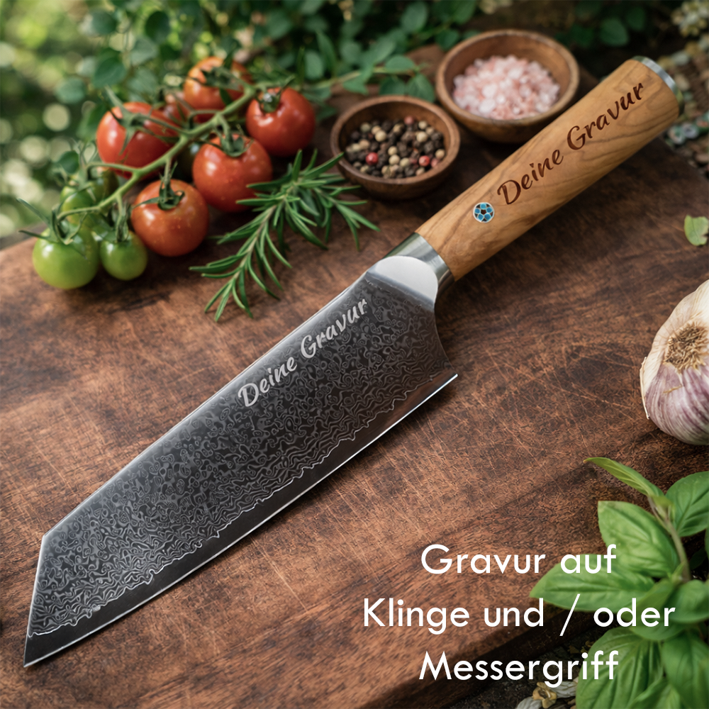 Personalisiertes Damastmesser mit Gravur auf Griff und Klinge