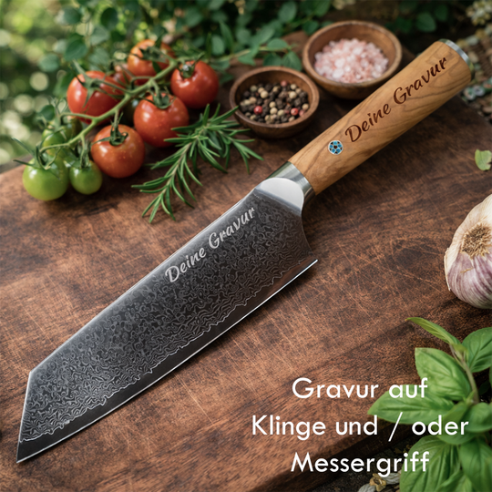 Personalisiertes Damastmesser mit Gravur auf Griff und Klinge