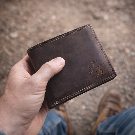 Personalisiertes Portemonnaie aus echtem Wildleder von HOLZZEUG - Detailansicht gehalten