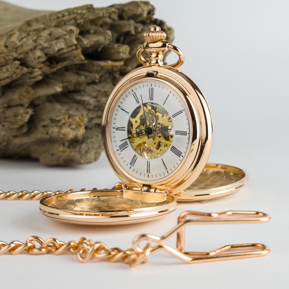 Taschenuhr mit sichtbarem Uhrwerk inkl. 30 cm Kette und Sakkoclip - HOLZZEUG