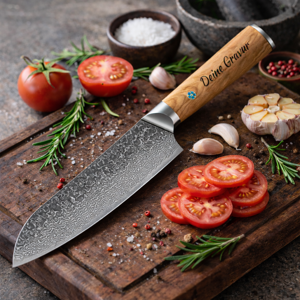 Santokumesser mit Gravur - Personalisiertes Damastmesser von HOLZZEUG