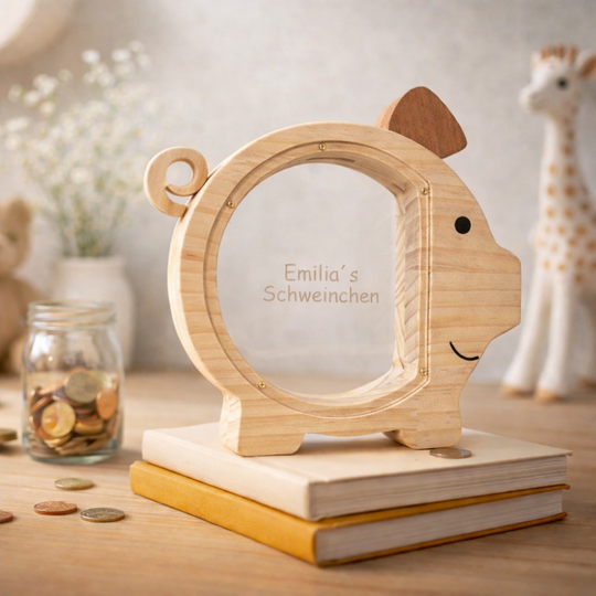 Holz-Sparschwein für Kinder mit personalisierter Gravur