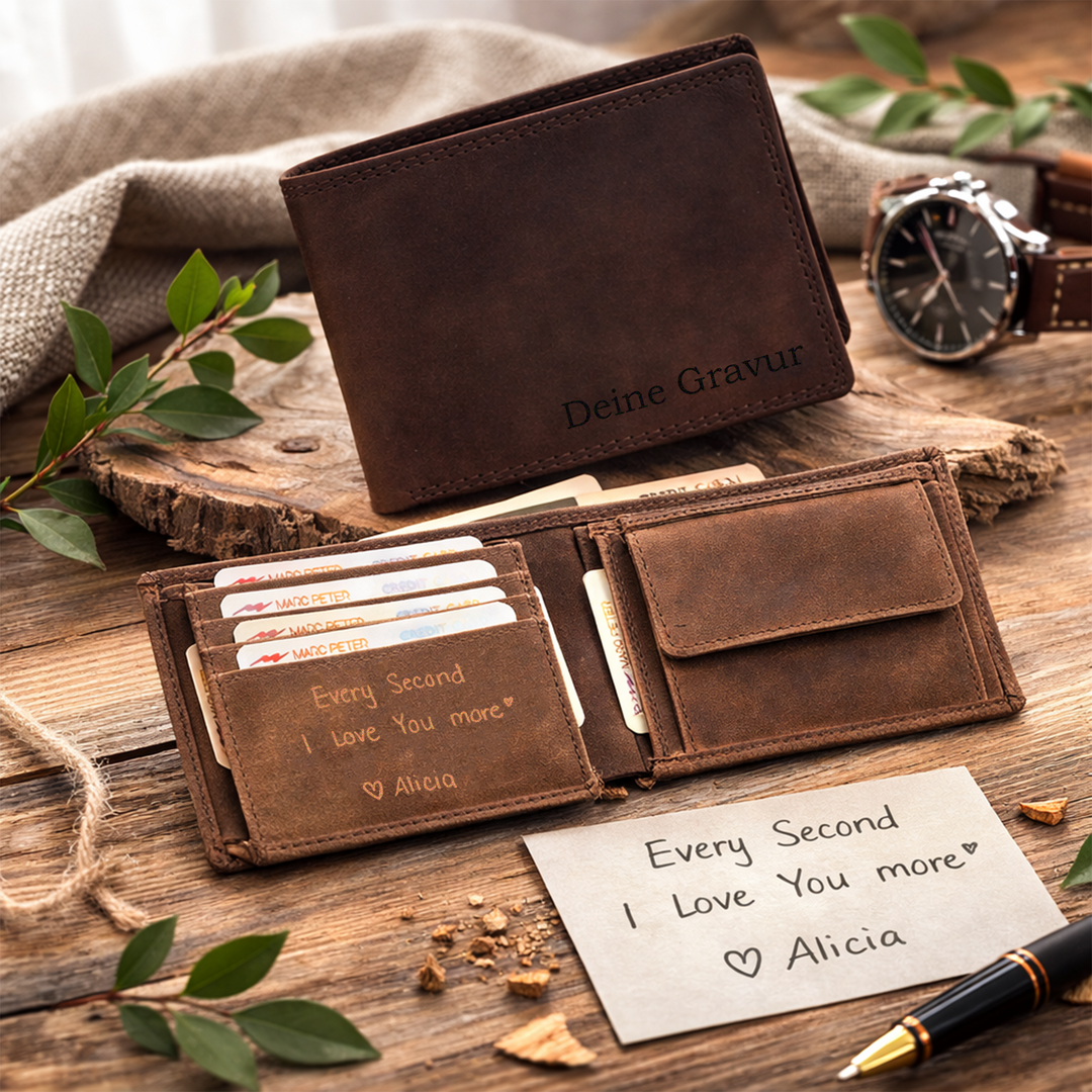 Personalisiertes Portemonnaie aus 100% echtem Wildleder mit RFID-Schutz von HOLZZEUG