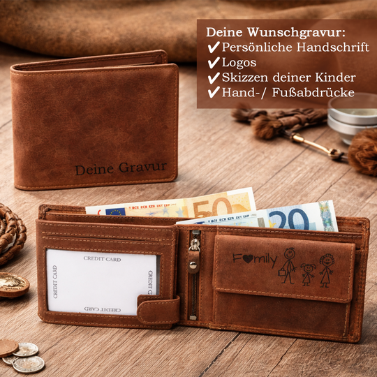 Personalisierte Geldbörse aus Hunterleder mit Gravur von HOLZZEUG