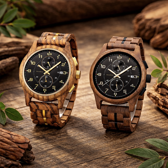 Holzuhr für Herren mit Gravur - Kokllektion VELORUM von HOLZZEUG