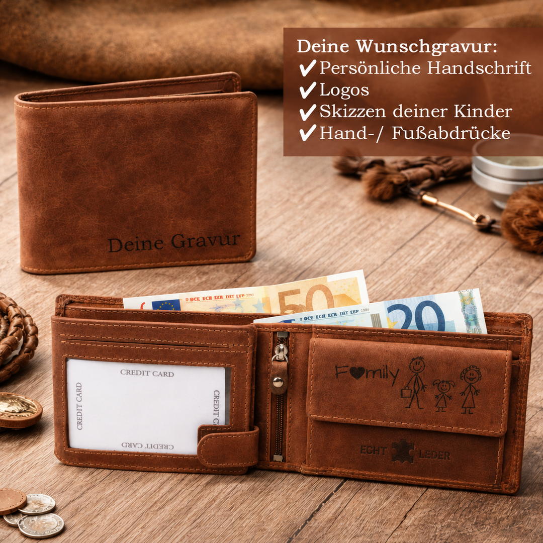 Personalisierte Geldbörse aus Hunterleder mit Gravur von HOLZZEUG