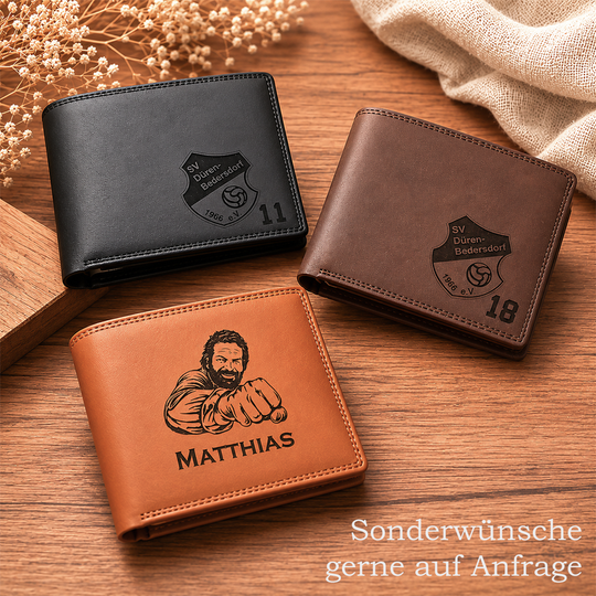Personalisiertes Portemonnaie von HOLZZEUG - Geldbörse mit Gravur aus veganem PU-Leder -  Sonderwünsche