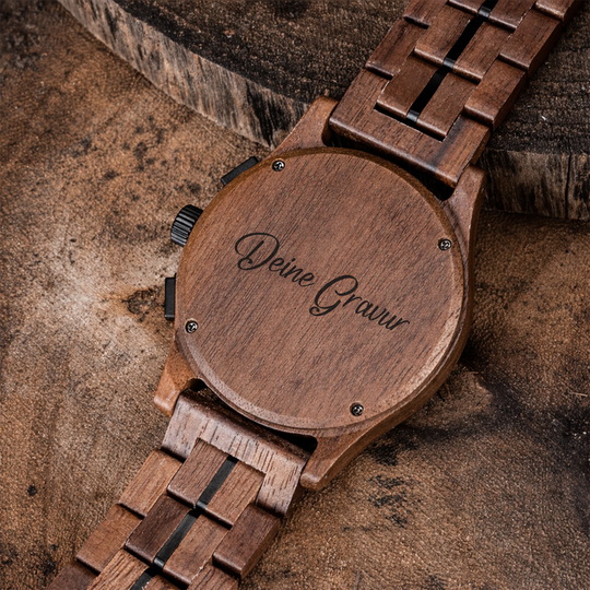 Holzuhr für Herren mit Gravur - Kokllektion VELORUM von HOLZZEUG - Gravur