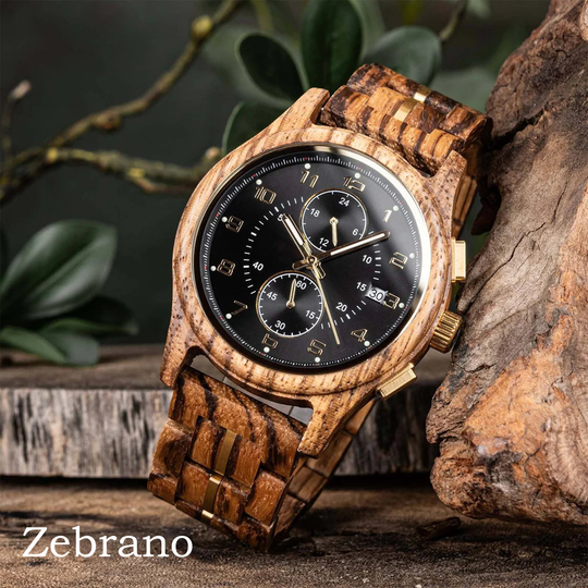 Holzuhr für Herren mit Gravur - Kokllektion VELORUM von HOLZZEUG - Zebrano