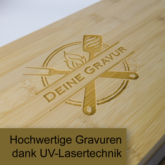 Personalisiertes Grillbesteck aus Edelstahl und Bambusholz in einem Koffer aus Echtholz