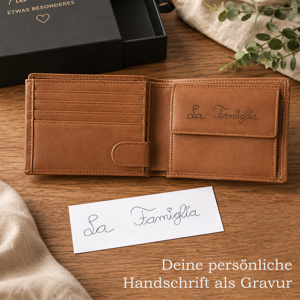 Personalisiertes Portemonnaie von HOLZZEUG - Geldbörse mit Gravur aus veganem PU-Leder - persönliche Handschrift als Gravur