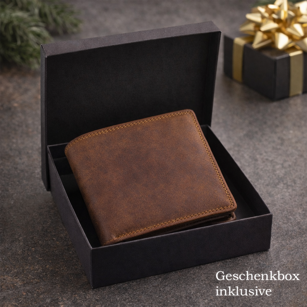 Personalisiertes Portemonnaie aus Echtleder von HOLZZEUG - Geschenkbox