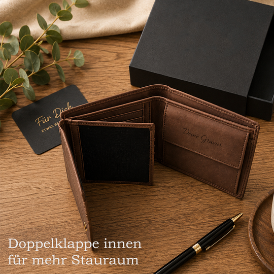 Personalisiertes Portemonnaie von HOLZZEUG - Geldbörse mit Gravur aus veganem PU-Leder - Doppelklappe