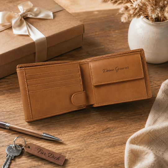 Personalisiertes Portemonnaie von HOLZZEUG - Geldbörse mit Gravur aus veganem PU-Leder - Cognac