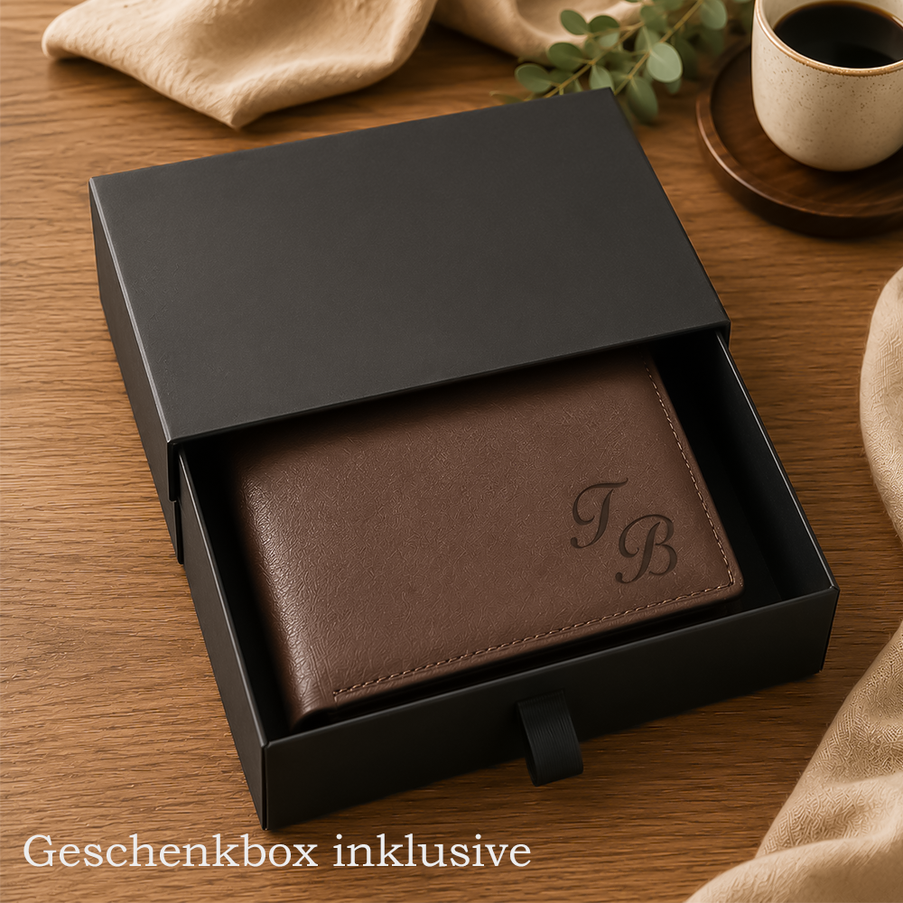 Personalisiertes Portemonnaie von HOLZZEUG - Geldbörse mit Gravur aus veganem PU-Leder - Geschenkbox