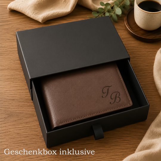 Personalisiertes Portemonnaie von HOLZZEUG - Geldbörse mit Gravur aus veganem PU-Leder - Geschenkbox