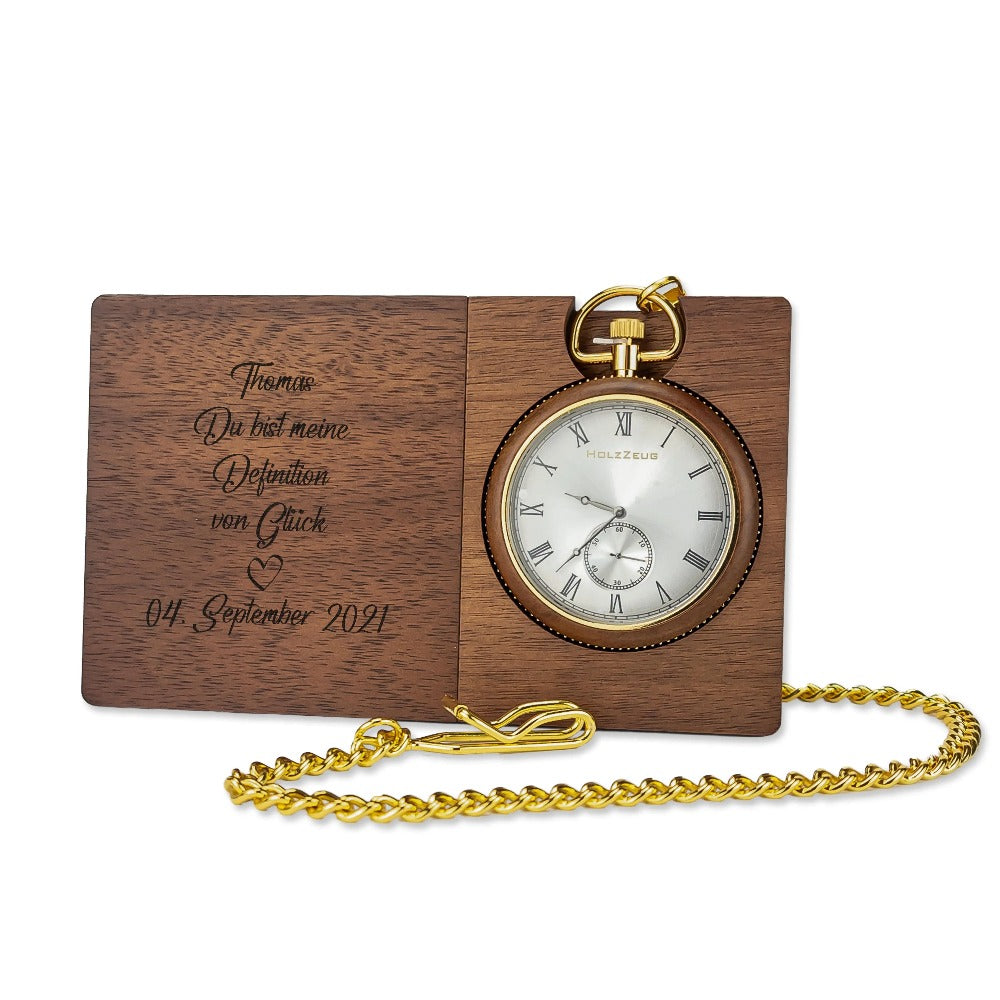 Taschenuhr aus Tigerholz inkl. Echtholz-Geschenketui und Kette mit Sakkoclip HOLZZEUG