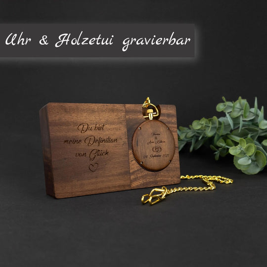 Taschenuhr aus Tigerholz inkl. Echtholz-Geschenketui und Kette mit Sakkoclip HOLZZEUG