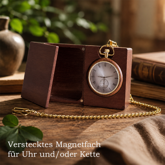 Taschenuhr mit Gravur aus Tigerholz inkl. Echtholz-Geschenketui und Kette mit Sakkoclip HOLZZEUG