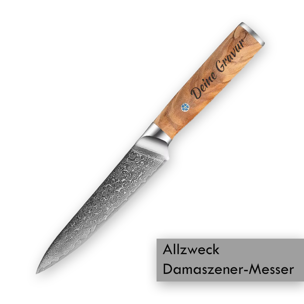Allzweck Messer mit Gravur aus echtem Damaststahl