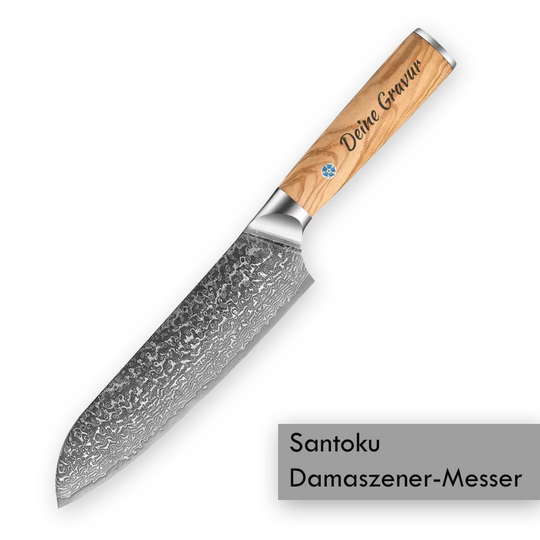 Santoku Messer mit Gravur aus echtem Damaststahl