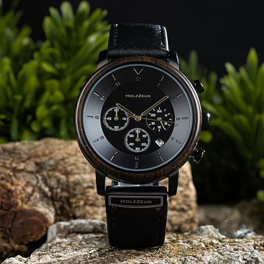 Personalisierte Herrenuhr "Aurelius" - Echtholz-Edelstahl-Gehäuse mit Lederarmband