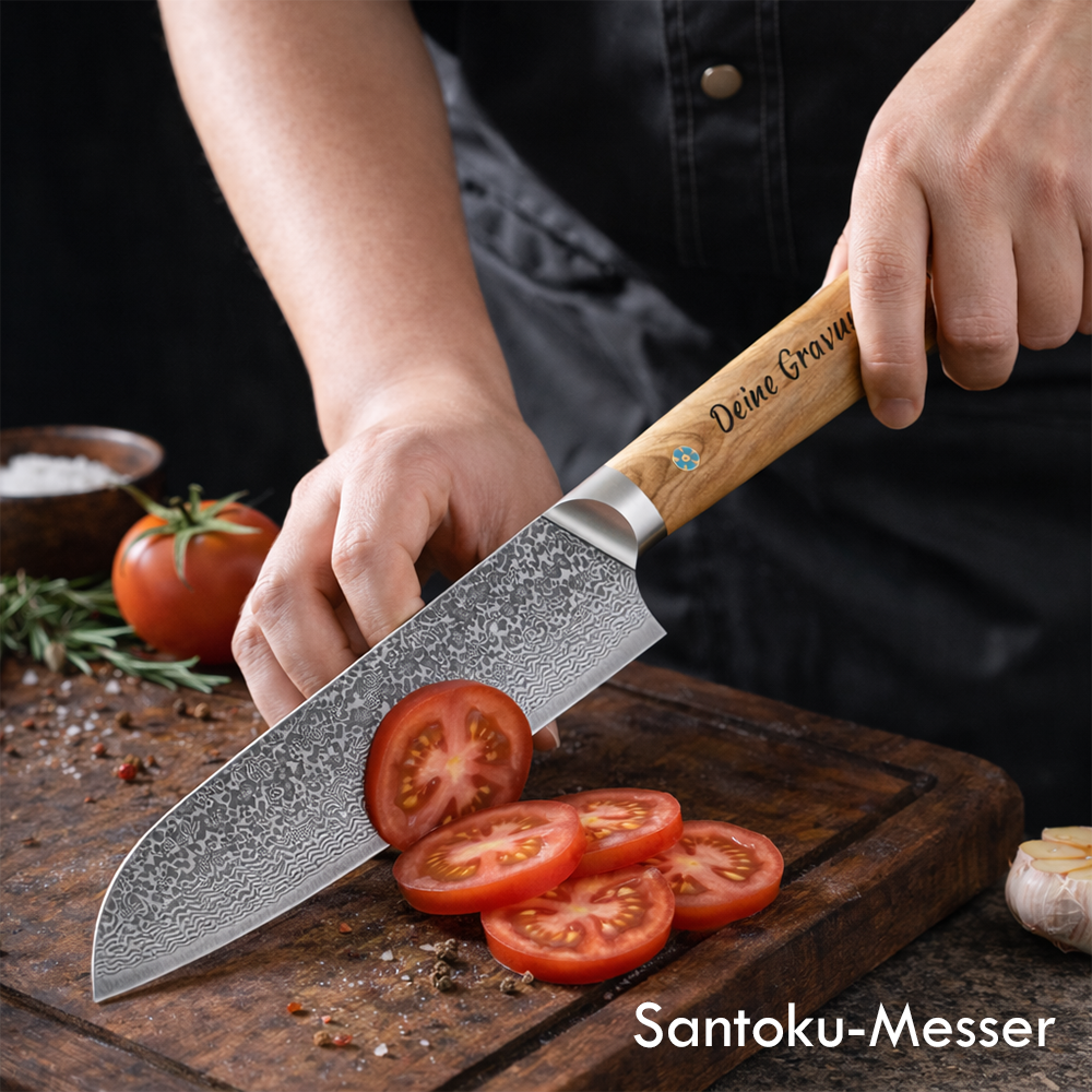 Küchenmesser aus echtem Damaststahl mit Gravur im Griff oder auf der Klinge