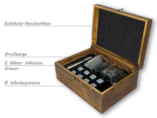Whiskeyglas Set in der Holzgeschenkbox inkl. Whiskey-Steine HOLZZEUG