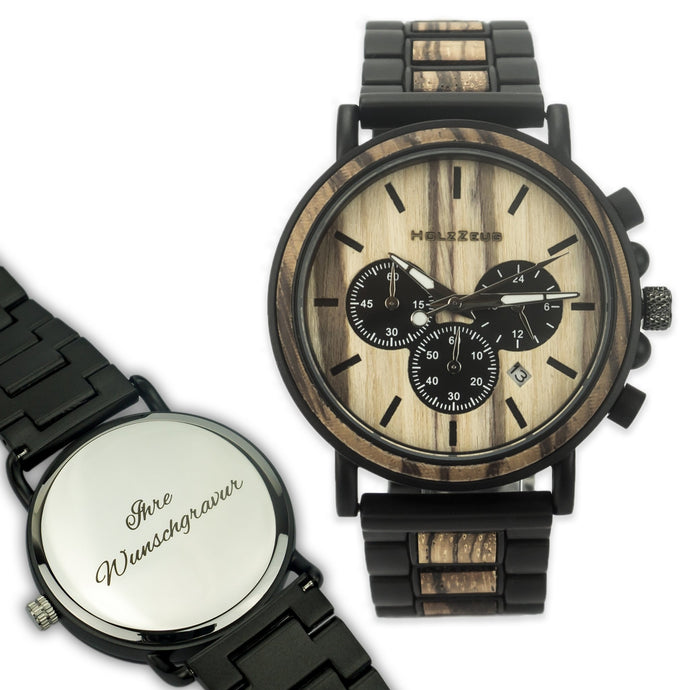 Armbanduhr aus Zebranoholz mit Armband aus einer Metall-/ Holzkombination - HOLZZEUG